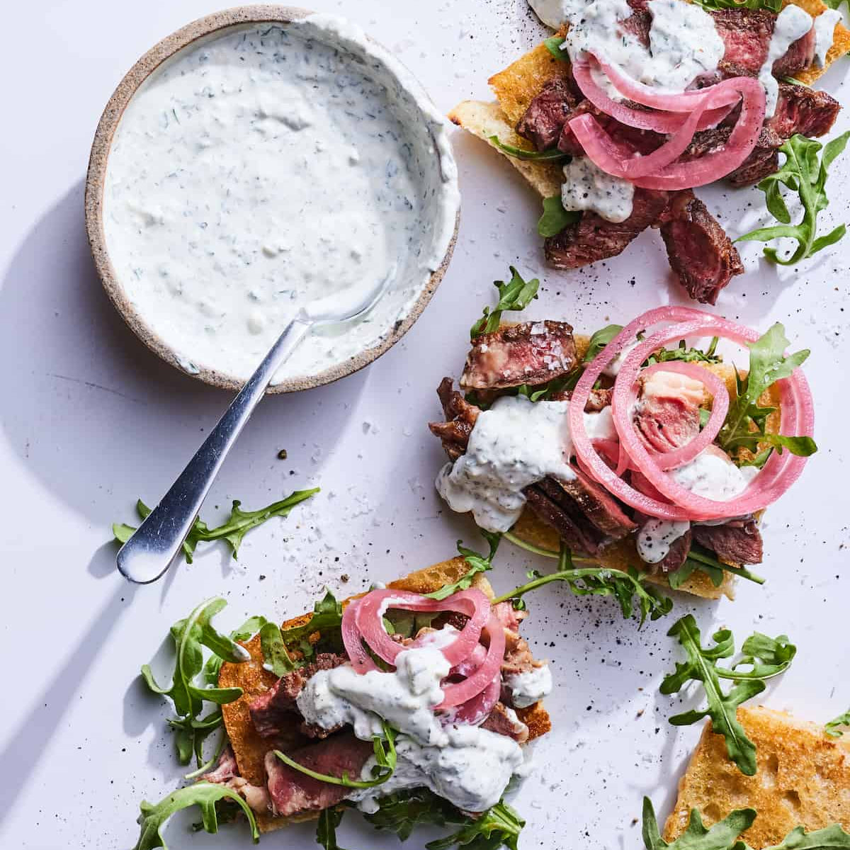 Open Face Steak Sandwiches with Chimi Labneh