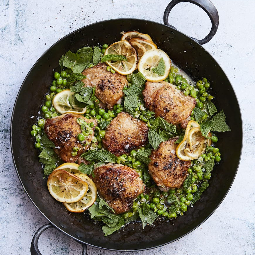 Crispy Chicken Thighs with Smashed Peas